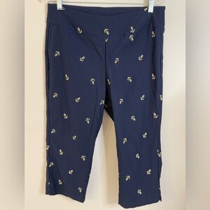 Lulu-B navy blue cropped pants gold anchor print SZ 12